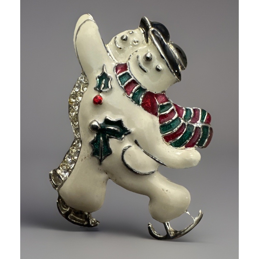 Vtg SFJ Skating Snowman Pair Brooch Gold-Tone Enamel Rhinestone Holiday Pin